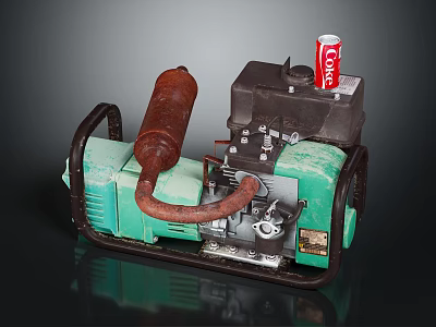 Vintage Green Generator With Rusty Exhaust Pipe And Coca Cola Can 3d model
