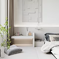 Contemporary Bedroom With White Platform Bed Wooden Flooring Large Windows Curtains Wall Art And Projector