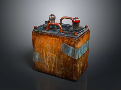 Rusty Vintage Battery With Red Top Components And Square Metal Body 3d model