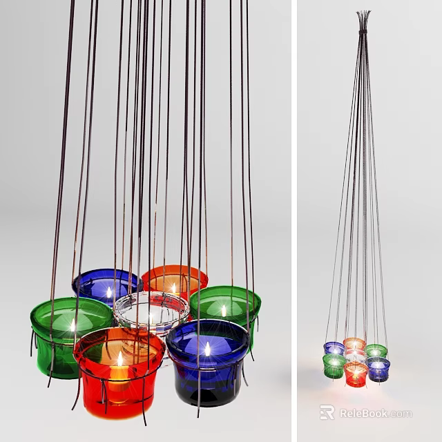 Hanging Multiple Colorful Glass Candle Lamps With Lit Candles For Home Decor 3d model 