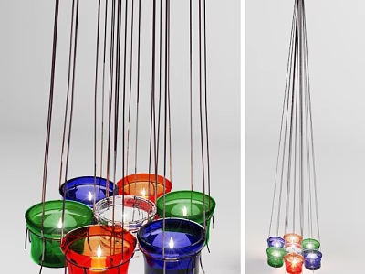 Hanging Multiple Colorful Glass Candle Lamps With Lit Candles For Home Decor 3d model