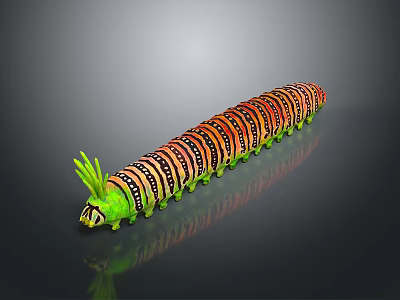 Caterpillar With Vibrant Stripes Segmented Body Green Legs And Spiky Head On Shiny Surface 3d model