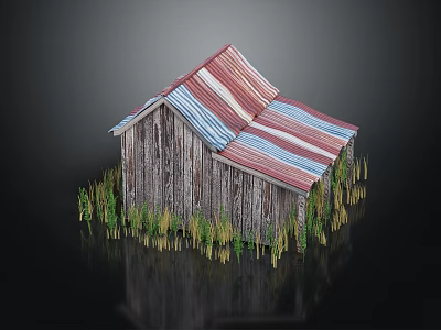 Small Residential House With Wooden Walls Red And Blue Striped Roof Surrounded By Green Grass 3d model