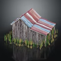 Small Residential House With Wooden Walls Red And Blue Striped Roof Surrounded By Green Grass
