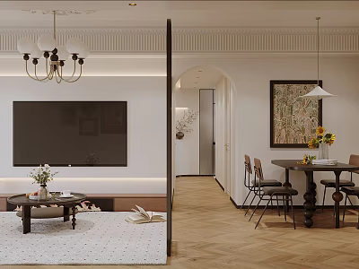 Modern Living And Dining Room Interior With TV Chandelier Coffee Table Dining Table And Flowers 3d model