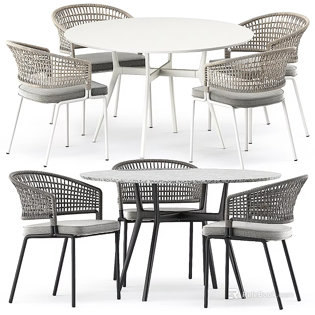 Modern Rattan Table And Chair Set With Round White Black Tables And Gray Cushioned Seats 3d model 
