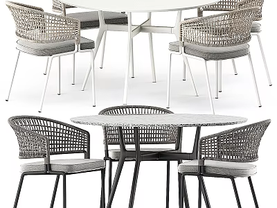 Modern Rattan Table And Chair Set With Round White Black Tables And Gray Cushioned Seats 3d model