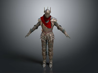 3D Medieval Armor Model with Spiked Helmet Red Scarf and Metallic Plates in Standing Pose 3d model