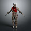 3D Medieval Armor Model with Spiked Helmet Red Scarf and Metallic Plates in Standing Pose