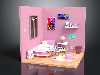 Cartoon Style Pink Bedroom With Bed Desk Lamp Bookshelf And Decorative Posters 3d model