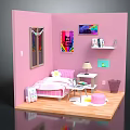 Cartoon Style Pink Bedroom With Bed Desk Lamp Bookshelf And Decorative Posters