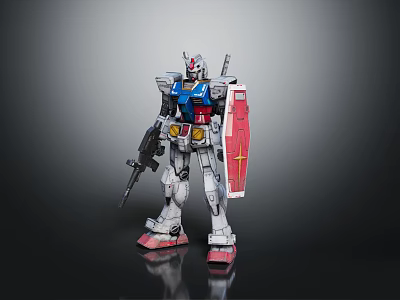 Gundam Robot Model Figure in Standing Pose With Gun And Red Shield 3d model