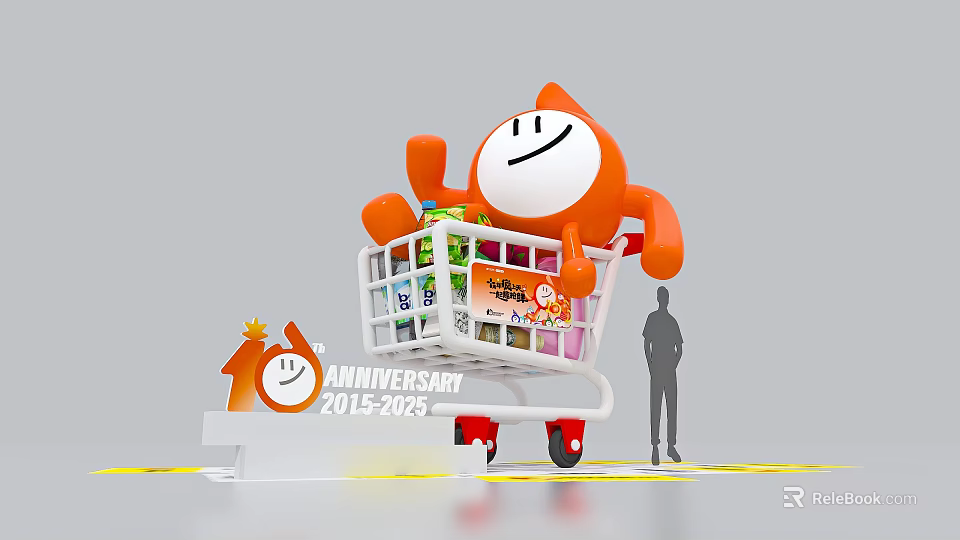 Orange Cartoon Character in Shopping Cart with Drinks Snacks Anniversary 2015 to 2025 Photo Spot 3d model 