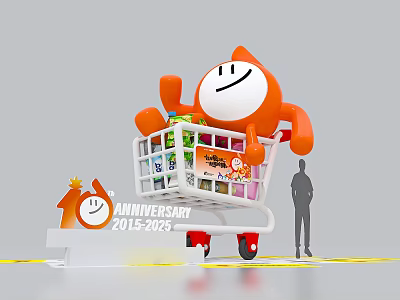 Orange Cartoon Character in Shopping Cart with Drinks Snacks Anniversary 2015 to 2025 Photo Spot 3d model