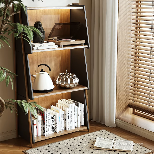 Wooden Shelf Unit with Black Frame Holds Books Teapot Decorative Items Near Plant Window Blinds 3d model 