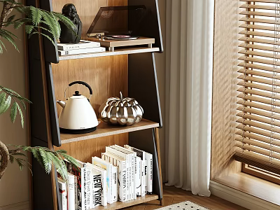Wooden Shelf Unit with Black Frame Holds Books Teapot Decorative Items Near Plant Window Blinds 3d model