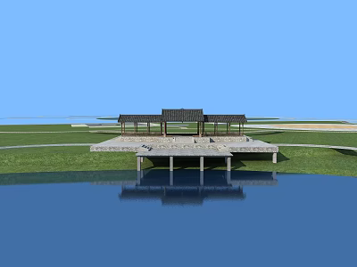 Pergola Waterfront with Reflection Open Air Wooden Roof Platform Grassland and Blue Sky View 3d model