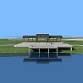 Pergola Waterfront with Reflection Open Air Wooden Roof Platform Grassland and Blue Sky View