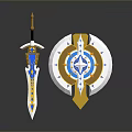Fantasy Weapon Set Featuring Decorative Sword And Shield With Blue Gold Ornamental Design