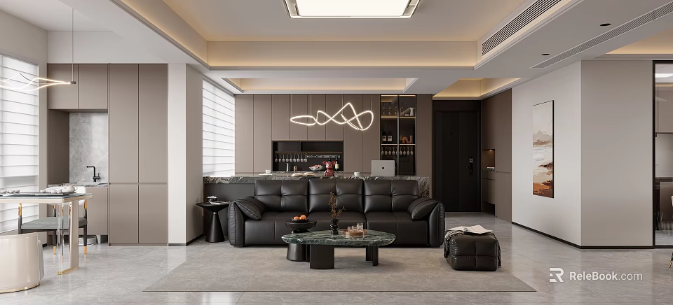 Modern Living Room With Black Leather Sofa Glass Coffee Table Geometric Pendant Light And Ottoman 3d model 