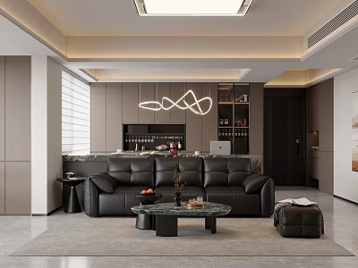 Modern Living Room With Black Leather Sofa Glass Coffee Table Geometric Pendant Light And Ottoman 3d model