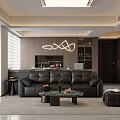 Modern Living Room With Black Leather Sofa Glass Coffee Table Geometric Pendant Light And Ottoman