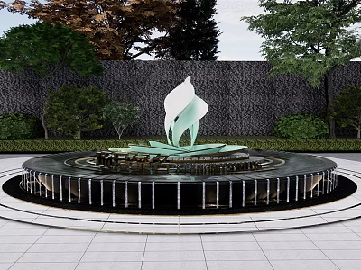 Water Fountain Featuring White Leaf Shaped Sculpture Circular Base Green Plants And Stone Wall 3d model