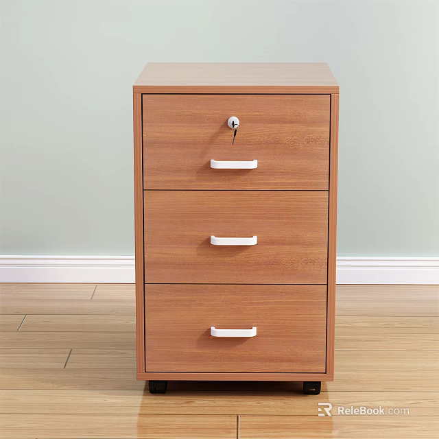 Wooden Bookcase With Three Drawers White Handles And Lock On Wooden Floor And Light Wall 3d model 