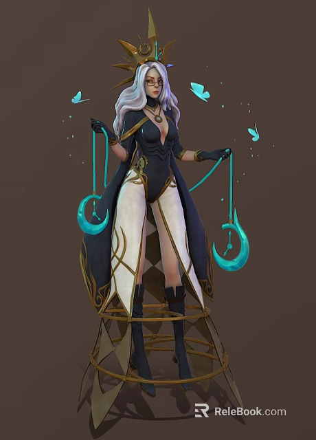 Mystical Female Character With White Hair And Blue Crescent Orbs Surrounded By Flying Insects 3d model 