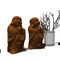 Traditional Sculpture Carving Of Happy Buddha Statues With Decorative Vase Branches And Pebbles
