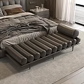 Modern Bedroom Design Featuring Gray Bedding Upholstered Bench Cylindrical Cushions And Wooden Floor