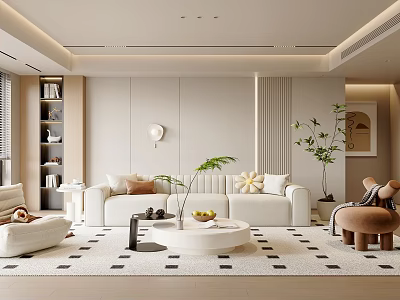 Modern Living Room Interior With White Sofa Round Coffee Table Green Plants And Checkered Rug 3d model