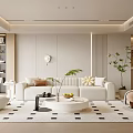 Modern Living Room Interior With White Sofa Round Coffee Table Green Plants And Checkered Rug