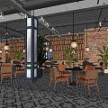 Modern Industrial Restaurant With Geometric Tile Floor Wooden Wall Decor Green Plants And Orange Chairs