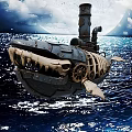 Steampunk Shark Shaped Submarine In Moonlit Ocean With Metal Gears And Structure