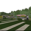 Scenic Square Landscape With Green Lawn Stone Pathways Trees Pedestrians And Flower Beds