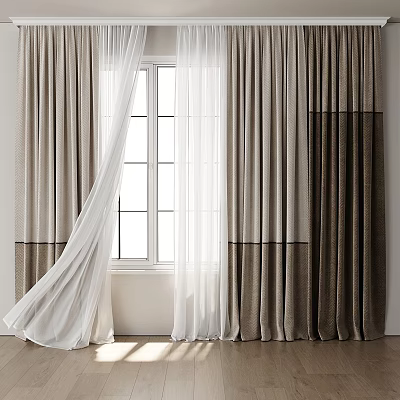 Light Beige and Dark Brown Curtains with Sheer Layer for Cozy Window Interior Design 3d model