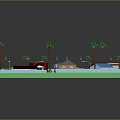 Cartoon Scene of Colorful Houses with Palm Trees Curved Road and Street Lamps