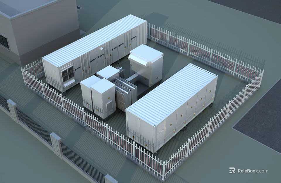Containerized Industrial Equipment Units In Fenced Outdoor Compound With Modular Design 3d model 