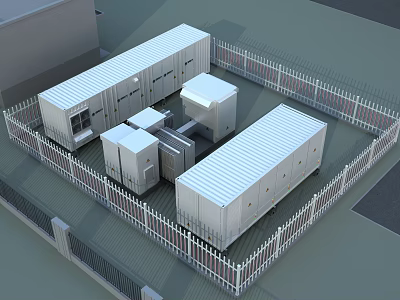 Containerized Industrial Equipment Units In Fenced Outdoor Compound With Modular Design 3d model