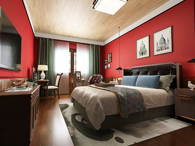 Hotel Guest Room With Red Walls Wooden Ceiling Large Bed And Blue Pillows 3d model