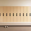 Beige Wardrobe Interior Design With Multiple Doors Black Handles Bench And Wooden Floor