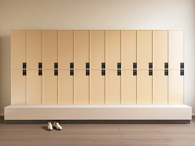 Beige Wardrobe Interior Design With Multiple Doors Black Handles Bench And Wooden Floor 3d model