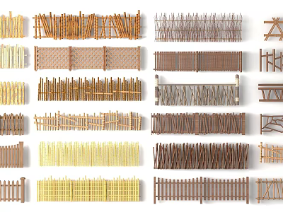 Various Fence Styles With Different Materials Wooden Bamboo And Woven Designs 3d model
