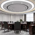 Modern Conference Room with Circular Ceiling Lighting Large Screen Wooden Table Black Chairs Green Plants