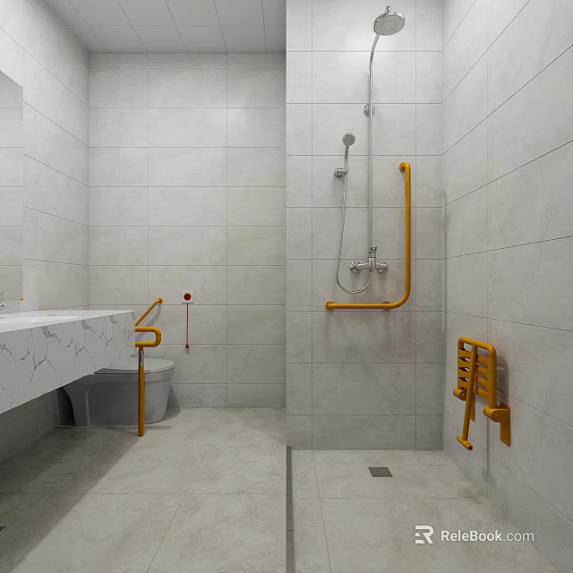 Accessible Bathroom Interior With White Tiles Yellow Grab Bars Toilet Sink And Shower Area 3d model 