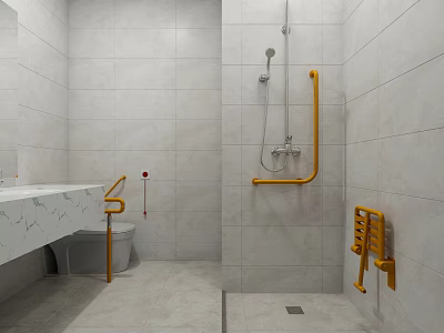 Accessible Bathroom Interior With White Tiles Yellow Grab Bars Toilet Sink And Shower Area 3d model