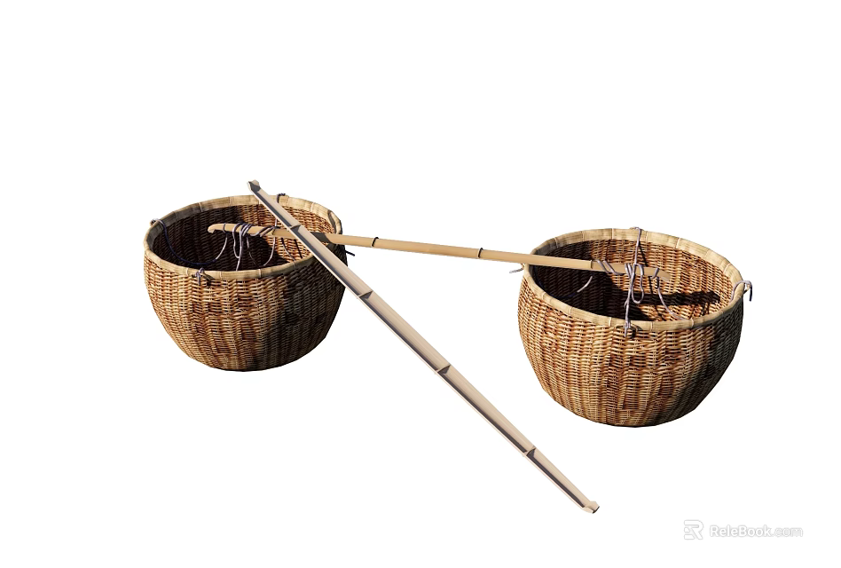 Rustic Handwoven Wicker Baskets And Bamboo Pole For Garden Ornaments 3d model 