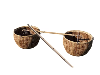 Rustic Handwoven Wicker Baskets And Bamboo Pole For Garden Ornaments 3d model