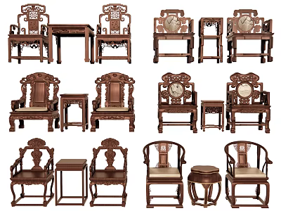 Classic Chinese Wooden Leisure Chairs With Side Tables And Intricate Carvings 3d model